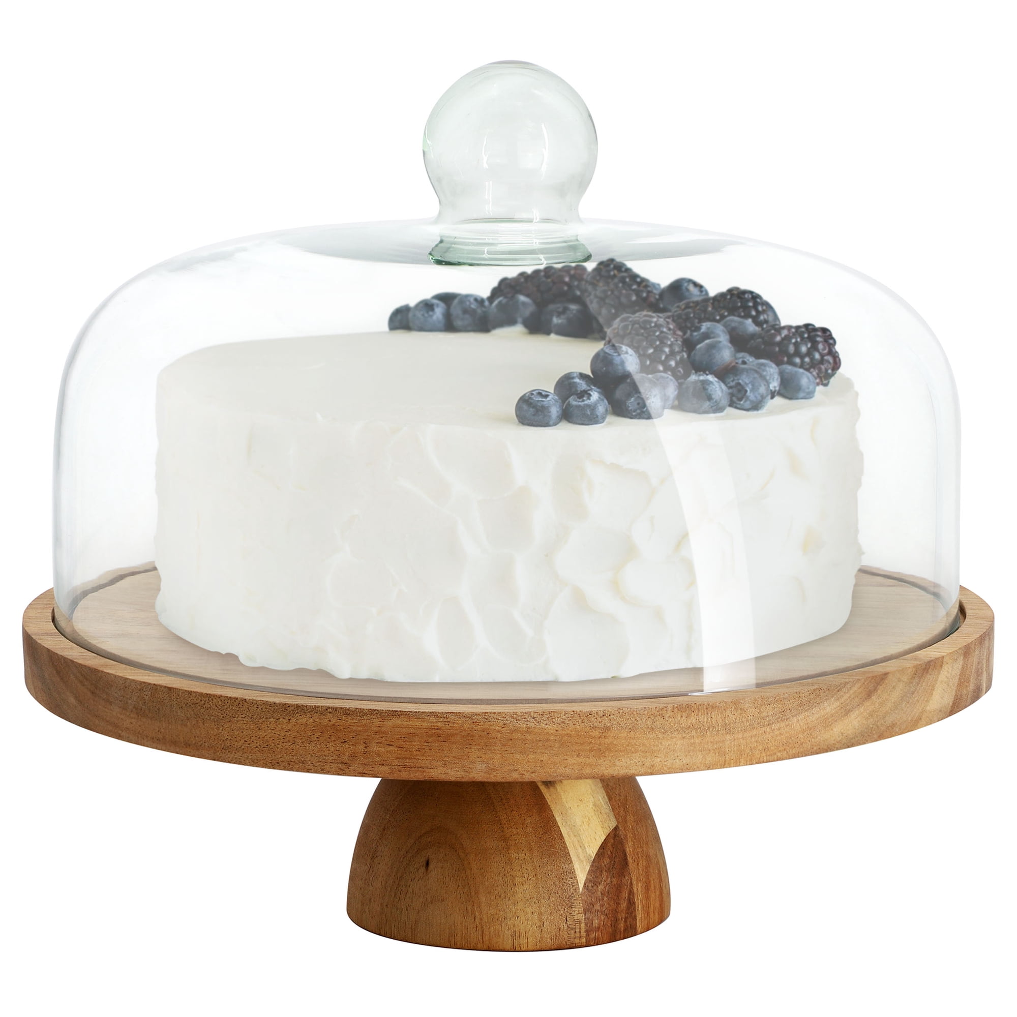 Elama Acacia Wood Cake Stand with Glass Dome Lid