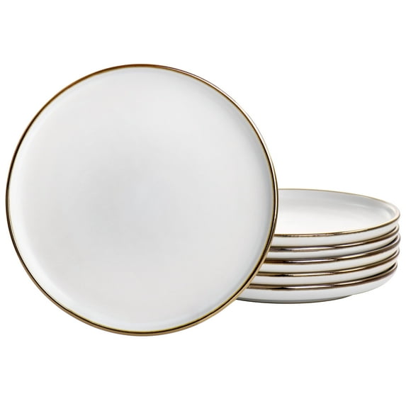 Elama Arthur 6 Piece Stoneware Salad Plate Set in Matt White with Gold Rim