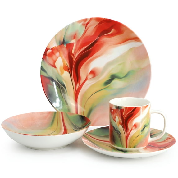 Elama Autumn Storm 16 Piece Abstract Design Round Porcelain Dinnerware Set in Multicolor
