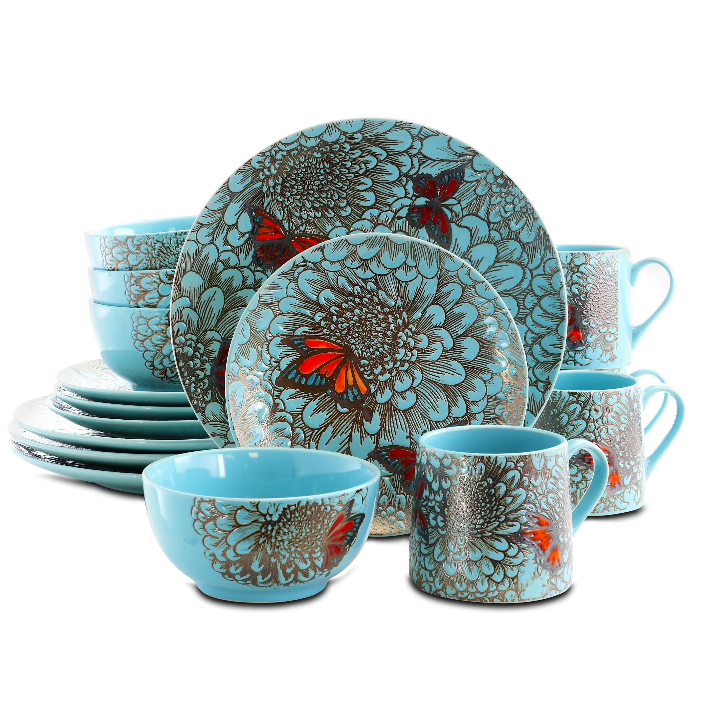 Butterfly Garden Blue and Gold Ceramic Dinnerware Set, Service for 4