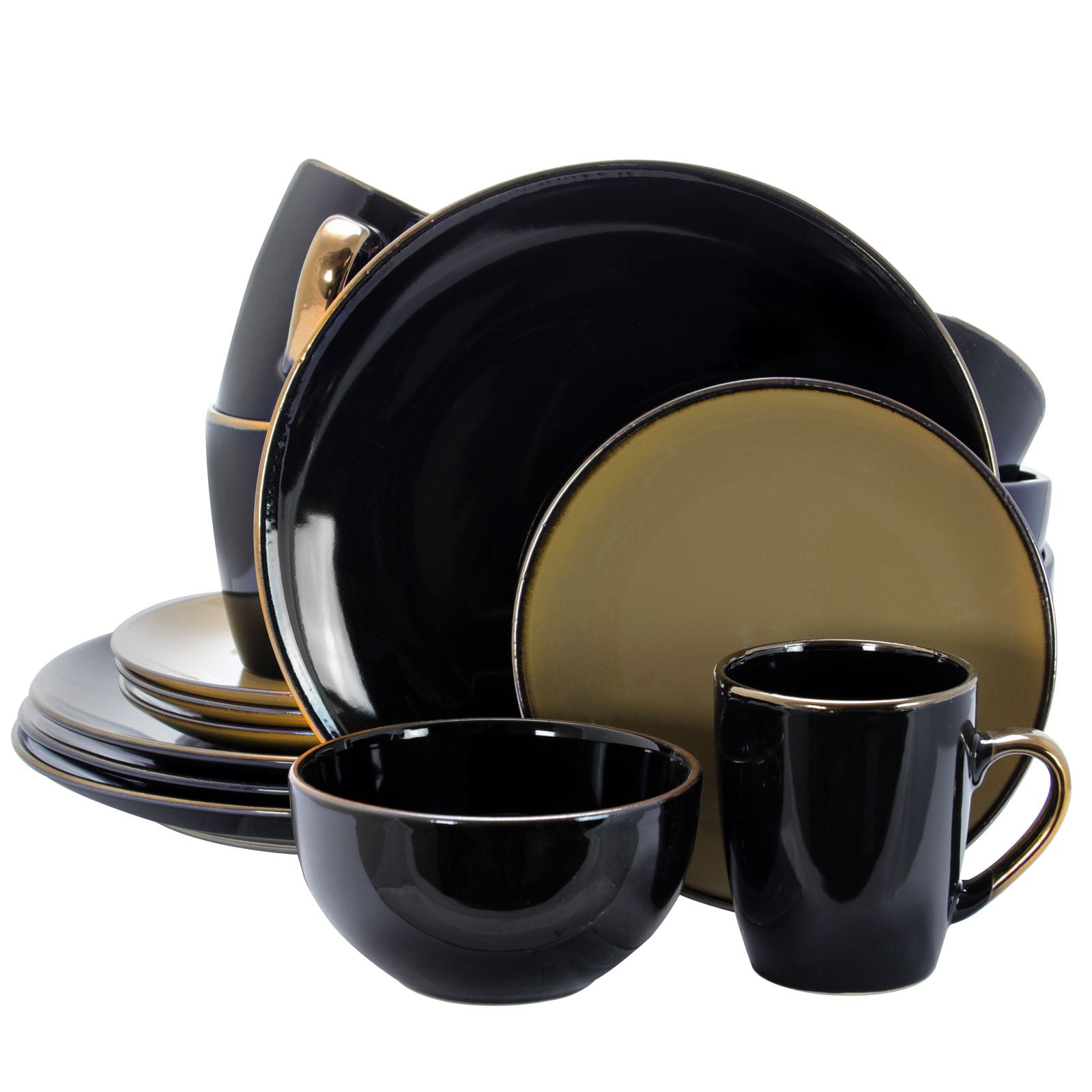 Elama Cambridge Grand 16-Pieces Dinnerware Set in Luxurious Black, Taupe