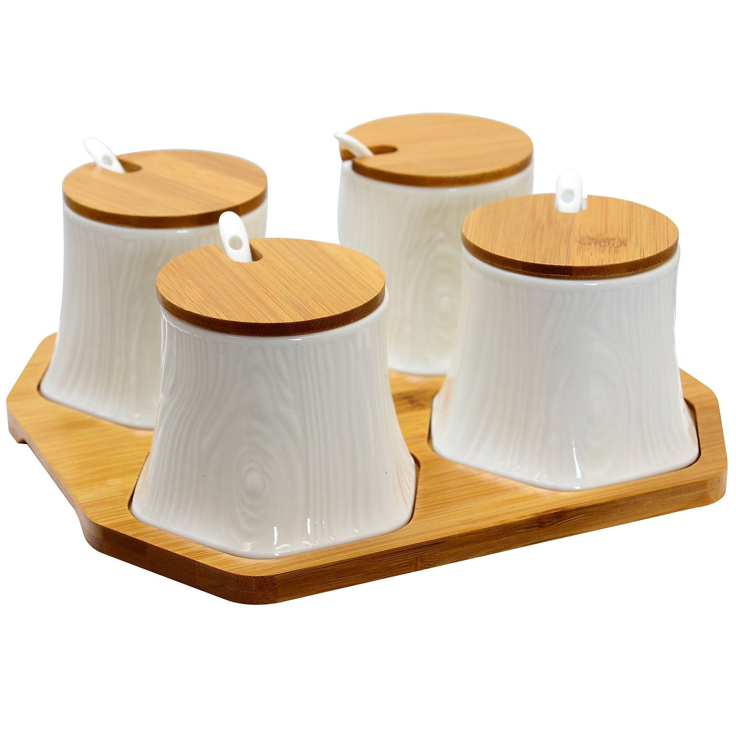 White Ceramic Spice Jar Set with Bamboo Lids and Tray