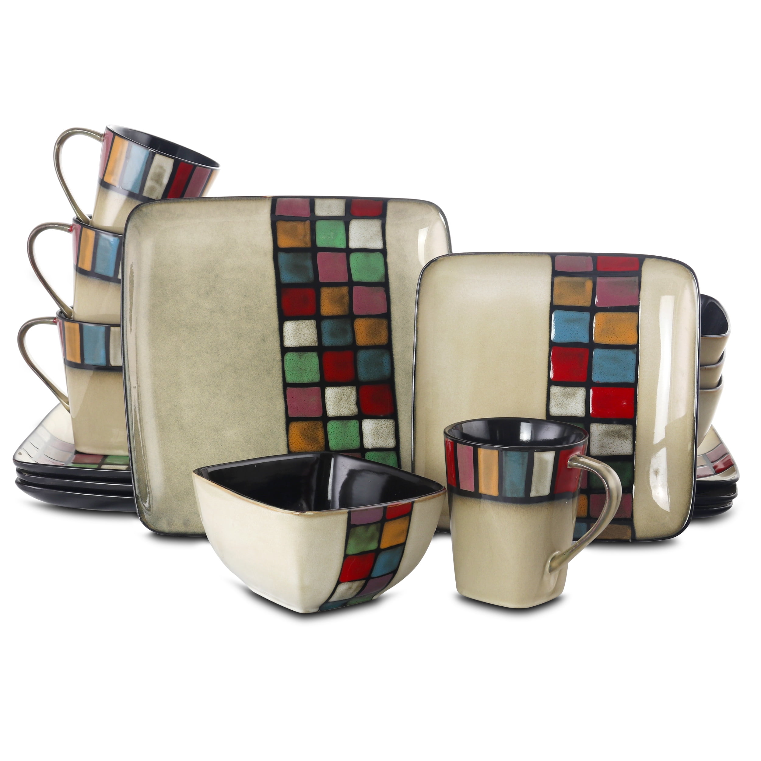 Multicolor Square Ceramic Dinnerware Set for 4