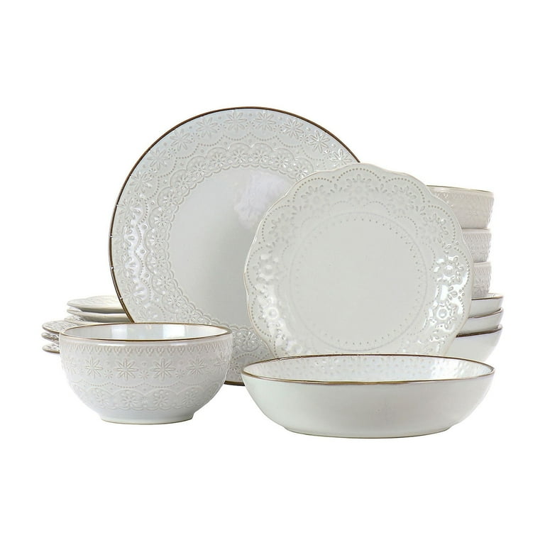 Elama Countess 16 Piece Embossed Double Bowl Stoneware Dinnerware