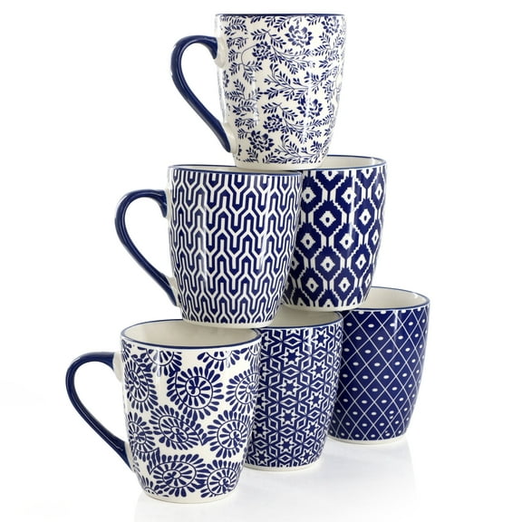 Elama Declan 6 Piece 12 Ounce Assorted Design Stoneware Mug Set in Blue and White
