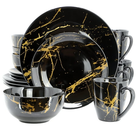 Elama Fine Marble 16 Piece Porcelain Dinnerware Set in Black with Gold Veins