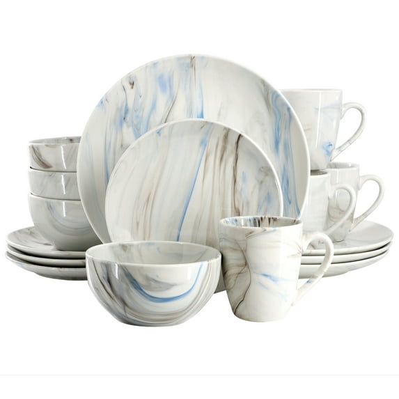 Elama Fine Marble 16 Piece Porcelain Dinnerware Set in Blue and Gray, Service for 4