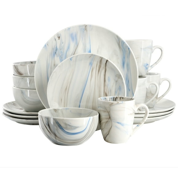 Elama Fine Marble 16 Piece Porcelain Dinnerware Set in Blue and Gray, Service for 4