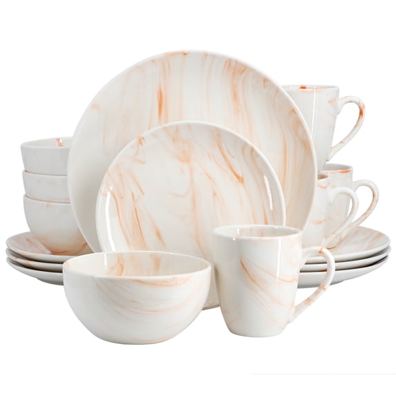 Elama Fine Marble 16 Piece Porcelain Dinnerware Set in Orange, Service for 4