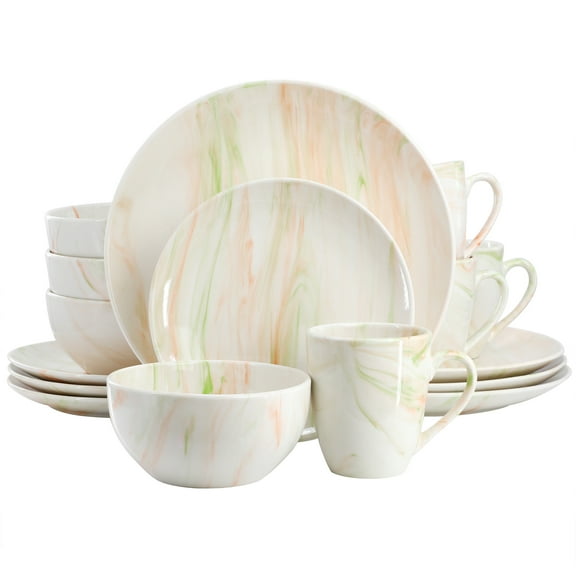 Elama Fine Marble 16 Piece Porcelain Dinnerware Set in Orange and Green, Service for 4