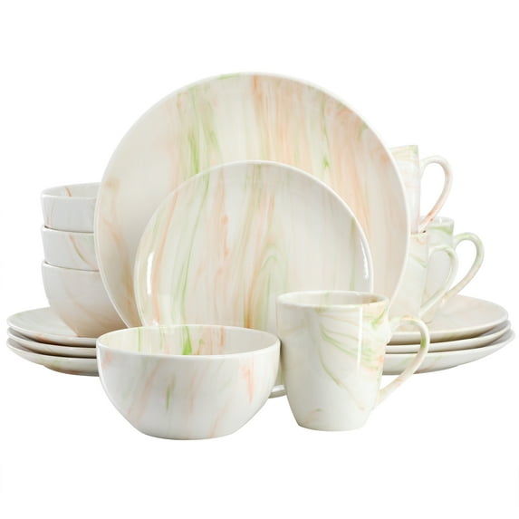 Elama Fine Marble 16 Piece Porcelain Dinnerware Set in Orange and Green, Service for 4