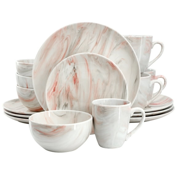 Elama Fine Marble 16 Piece Porcelain Dinnerware Set in Red and Gray, Service for 4