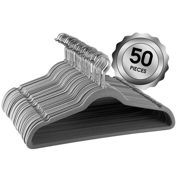 Elama  Flocked Velvet Clothes Hangers with Stainless Steel Swivel Hooks, Gray - 50 Piece
