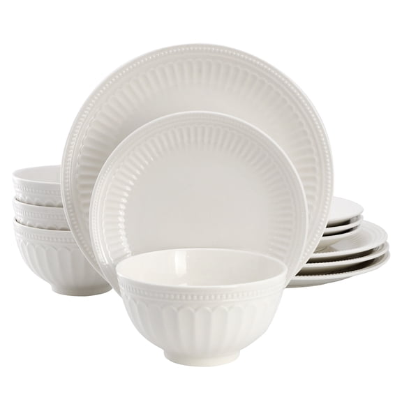 Elama Gabriella 12 Piece Stoneware Dinnerware Set in White, Service for 4