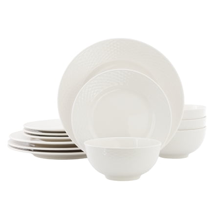 Elama Gemma 12 Piece Stoneware Dinnerware Set in White
