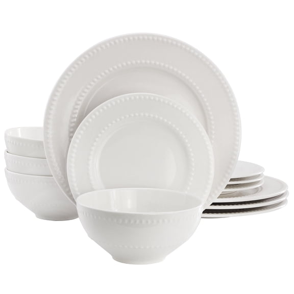 Elama Genevieve 12 Piece Stoneware Dinnerware Set in White, Service for 4