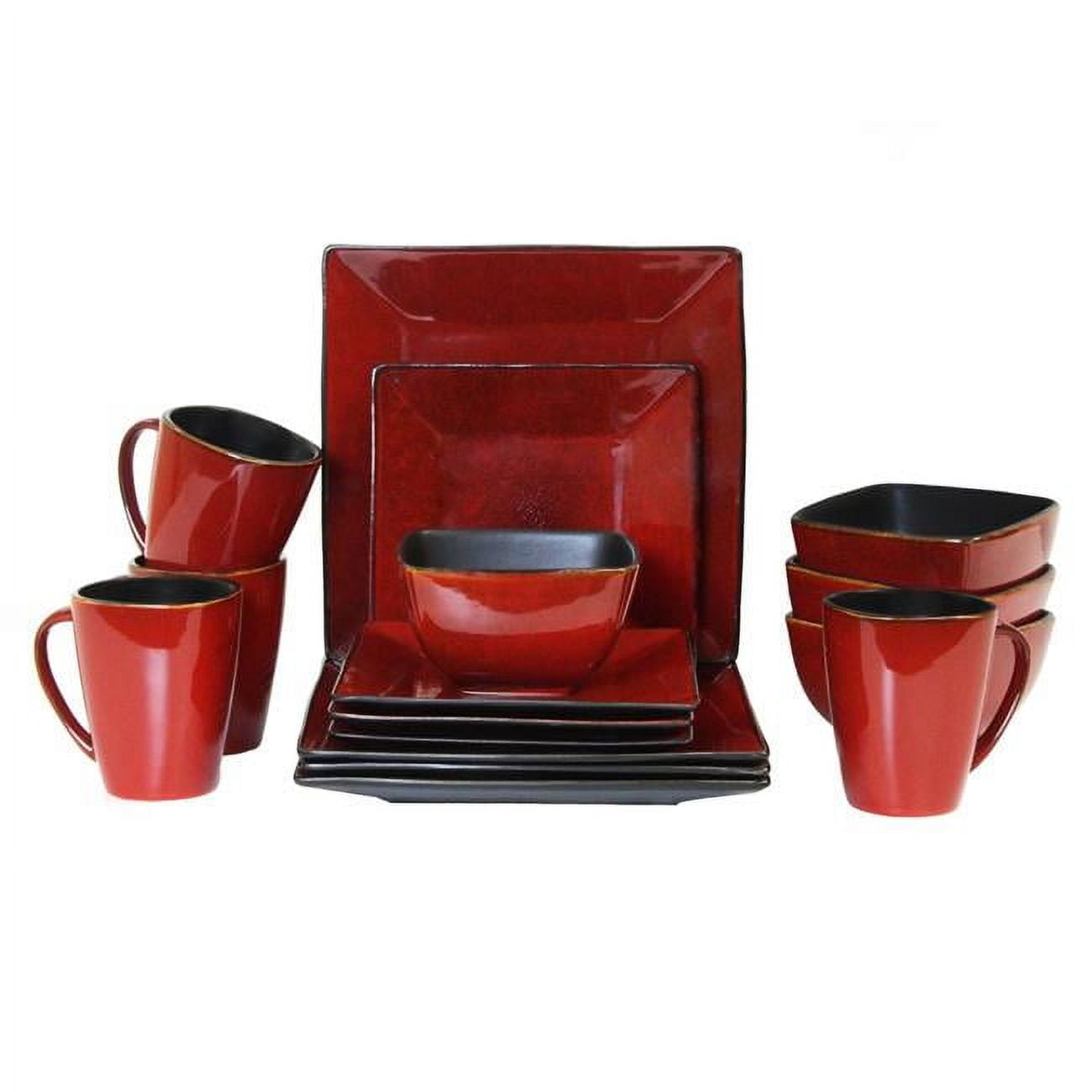 Red and Black Square Ceramic Dinnerware Set, Service for 4
