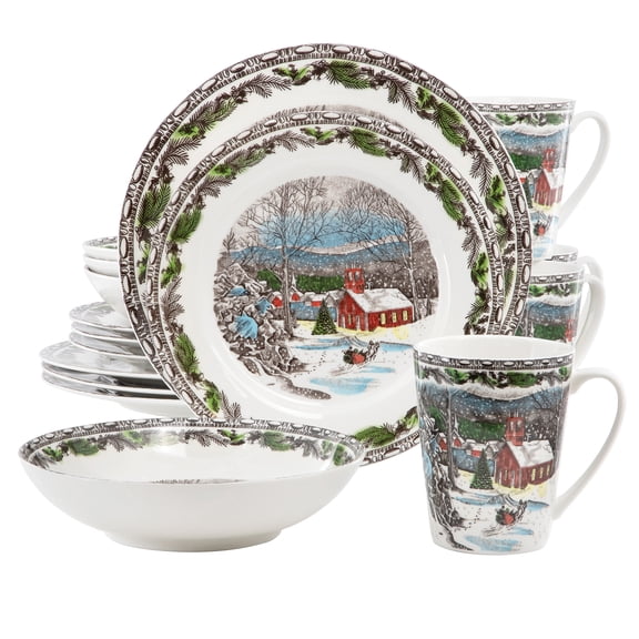 Elama Holly Holiday Christmas 16 Piece Porcelain Dinnerware Set
