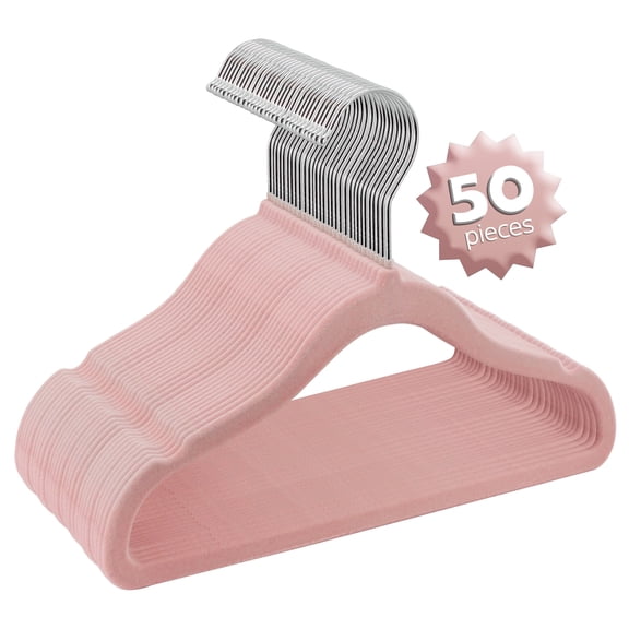 Elama Kids Basics 50 Pack Non-Slip Velvet Space Saving Notched Shoulder Clothes Hangers for Toddler, Baby & Kids Clothing with 360° Swivel Hooks, Slim Design in Pink