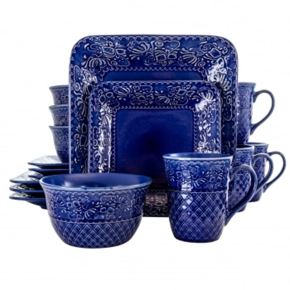 Elama Indigo Lotus 16-Piece Square Stoneware Dinnerware Set with Baroque Design Dishwasher and Microwave Safe