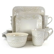 Elama Ivory Lotus 16 Piece Square Dinnerware Set