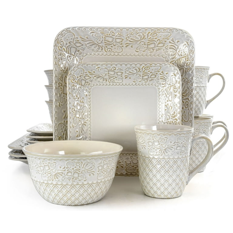 Elama Ivory Lotus 16 Pieces Square Dinnerware Set - Walmart.com