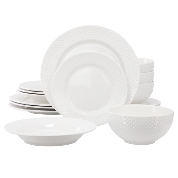 Elama Kim 16 Piece Hobnail Double Bowl Porcelain Dinnerware Set in White