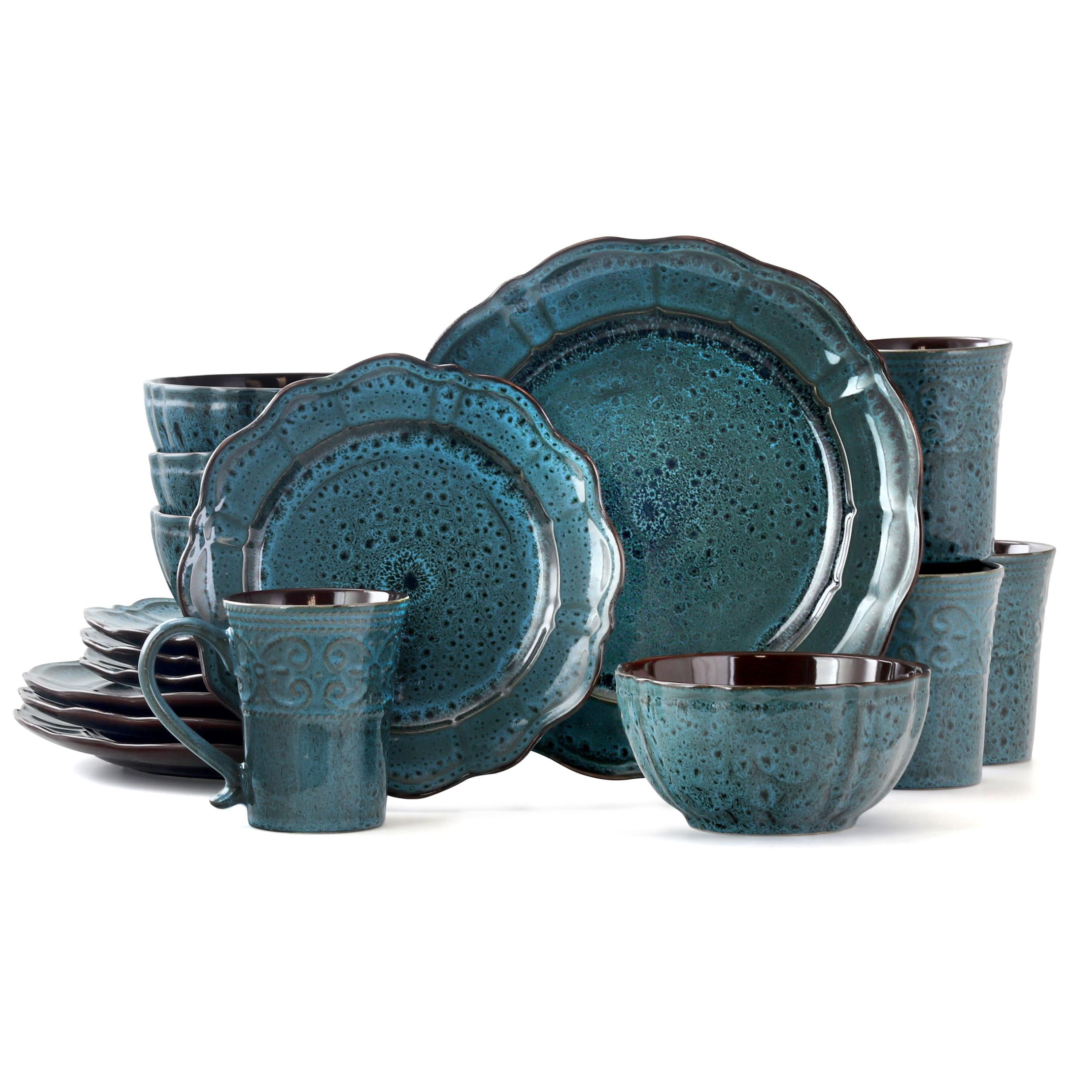 Lavish Blue Ceramic Round Dinnerware Set, Service for 4
