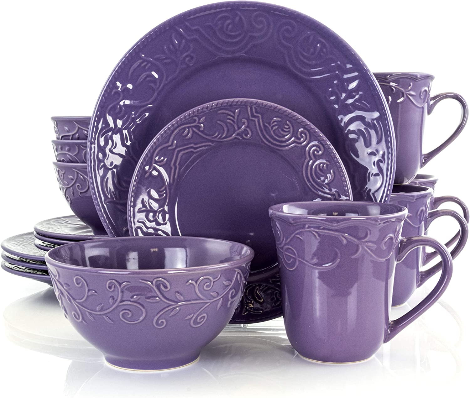 Elama Lilac Embossed Ceramic 16-Piece Dinnerware Set