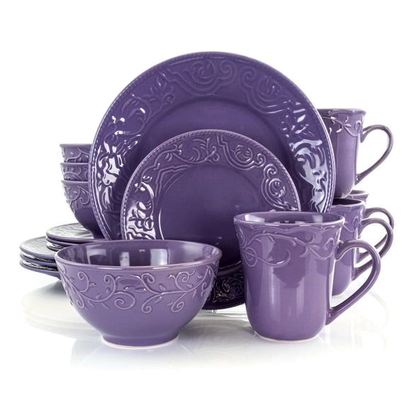 Elama Lilac Fields 16 Piece Lavender Round Stoneware Dinnerware Dish Set for 4