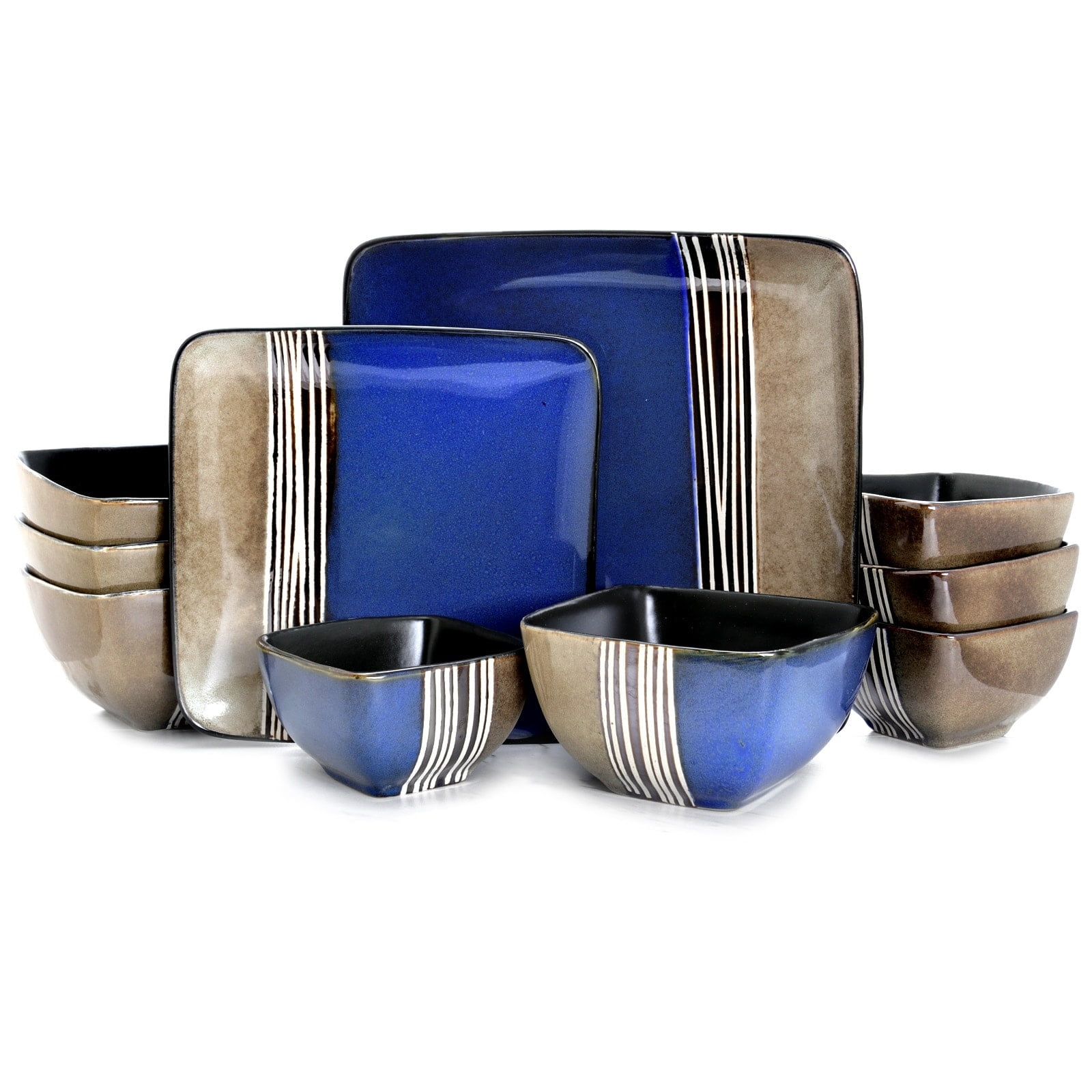 Blue and Tan Ceramic 16-Piece Dinnerware Set for 4