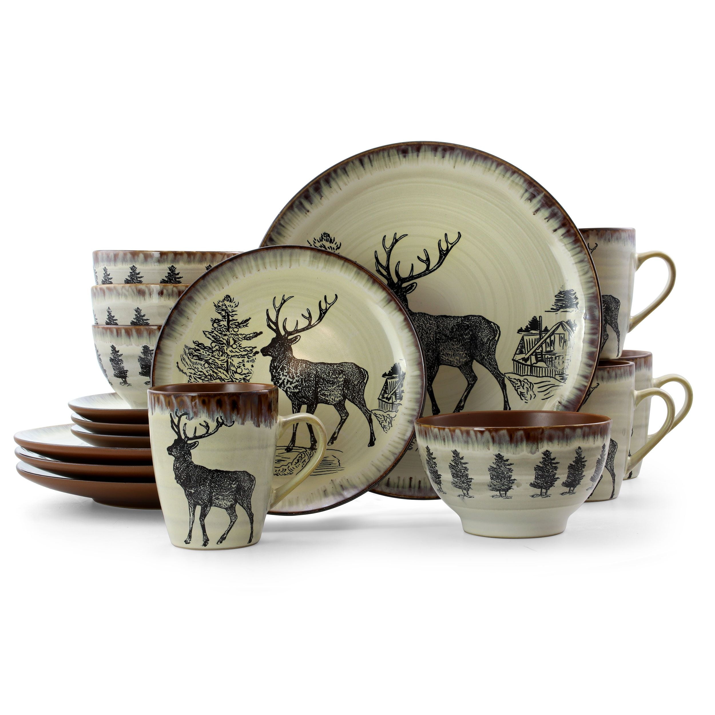 Elama Majestic Elk 16 Piece Round Stoneware Dinnerware Set in