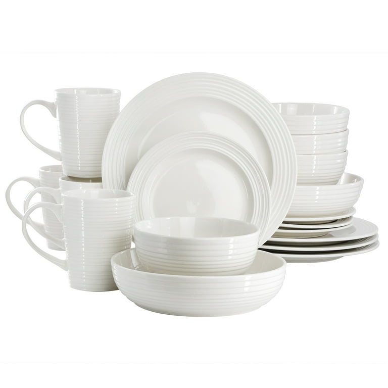 Elama Nikki 18 Piece Ribbed White Porcelain Dinnerware and Serving