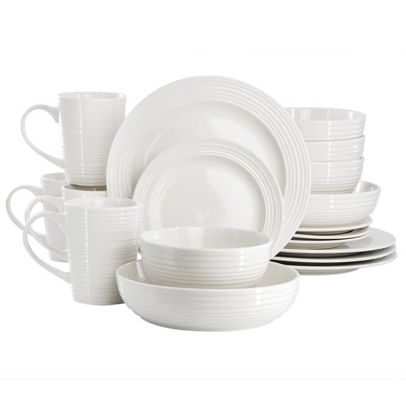Elama Nikki 18 Piece Ribbed White Porcelain Dinnerware and Serving Bowl Set, Service for 4