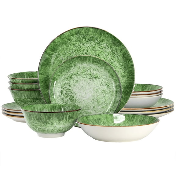 Elama Oceanus 16 Piece Porcelain Double Bowl Dinnerware Set in Green, Tableware Setting Service for 4