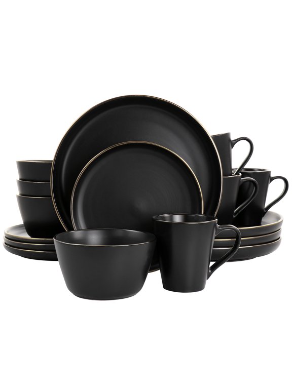 Paul 16 Piece Stoneware Dinnerware Set in Matt Black with Gold Rim