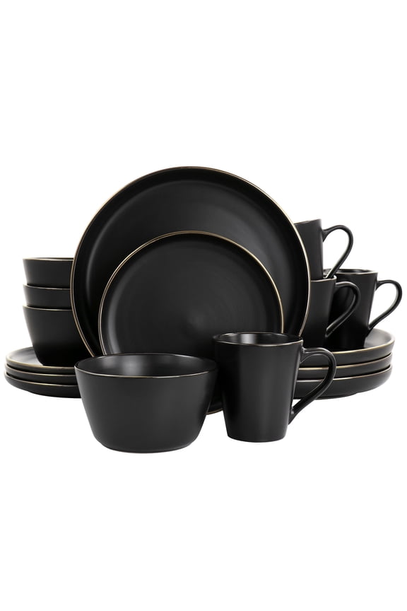 Paul 16 Piece Stoneware Dinnerware Set in Matt Black with Gold Rim