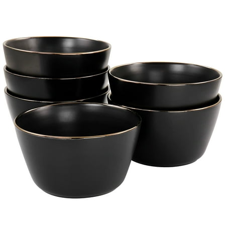 Elama Paul 6 Piece Stoneware Bowl Set in Matt Black with Gold Rim