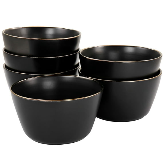 Elama Paul 6 Piece Stoneware Bowl Set in Matt Black with Gold Rim