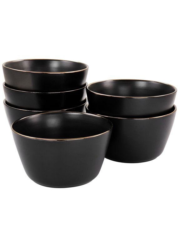 Paul 6 Piece Stoneware Bowl Set in Matt Black with Gold Rim