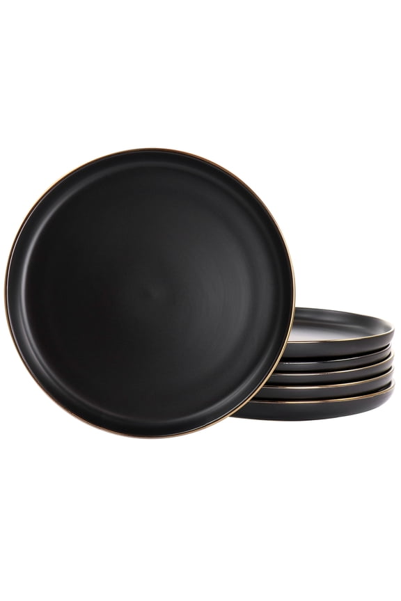 Paul 6 Piece Stoneware Dinner Plate Set in Matt Black with Gold Rim