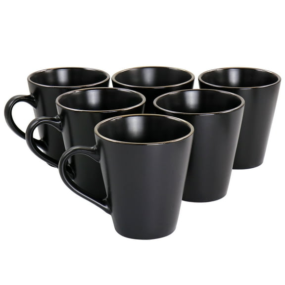 Elama Paul 6 Piece Stoneware Mug Set in Matt Black with Gold Rim