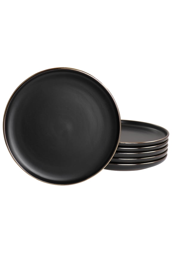 Paul 6 Piece Stoneware Salad Plate Set in Matt Black with Gold Rim