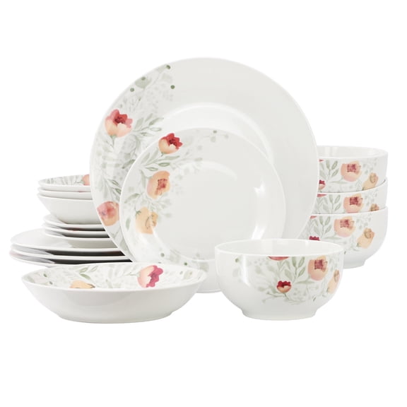 Elama Poppy 16 Piece Porcelain Double Bowl Dinnerware Set, Service for 4