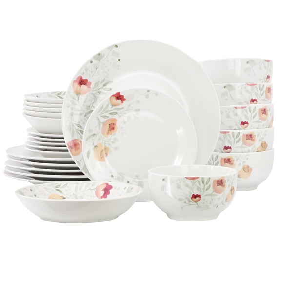 Elama Poppy 24 Piece Porcelain Double Bowl Dinnerware Set, Service for 6