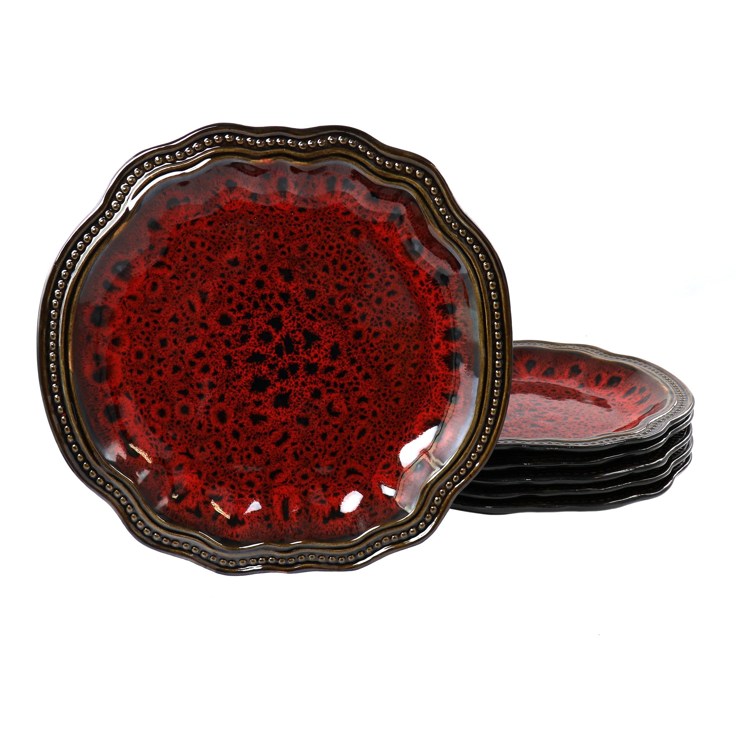 Regal Red and Gold Ceramic 10.5" Dinner Plate Set, 6 Pieces