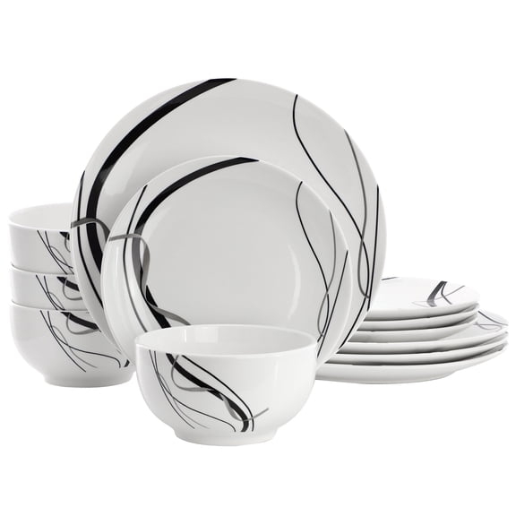 Elama Sarah 12 Piece Porcelain Black Ribbon Dinnerware Set, Service for 4 in White and Black