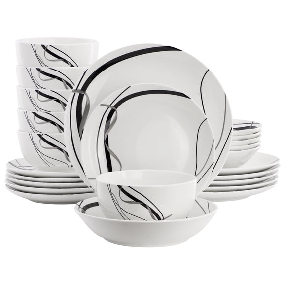 Elama Sarah 24 Piece Porcelain Black Ribbon Double Bowl Dinnerware Set, Service for 6 in White and Black