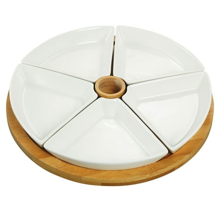 Elama Signature 7 Piece Appetizer Serving Set in White with Bamboo Serving Tray