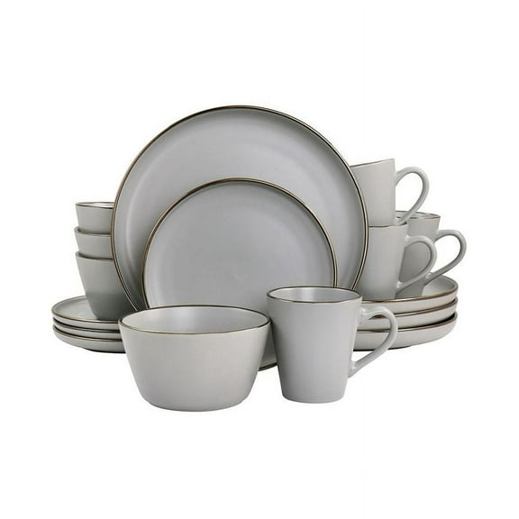 Elama Simon 16 Piece Stoneware Dinnerware Set, Service for 4 Matte Slate with Gold-Tone Rim